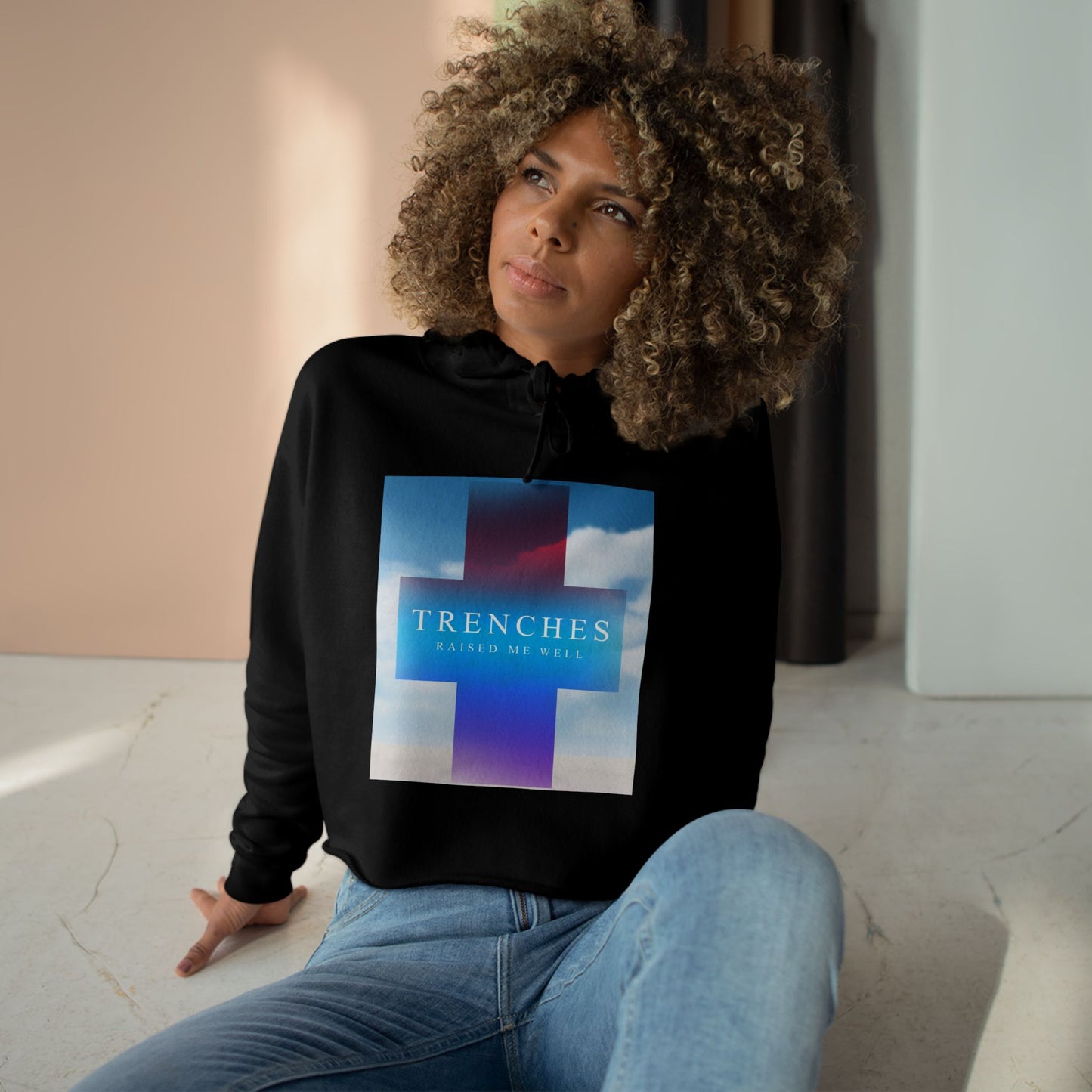 Trenches Cross Album Art Crop Hoodie | Sky Gradient Graphic