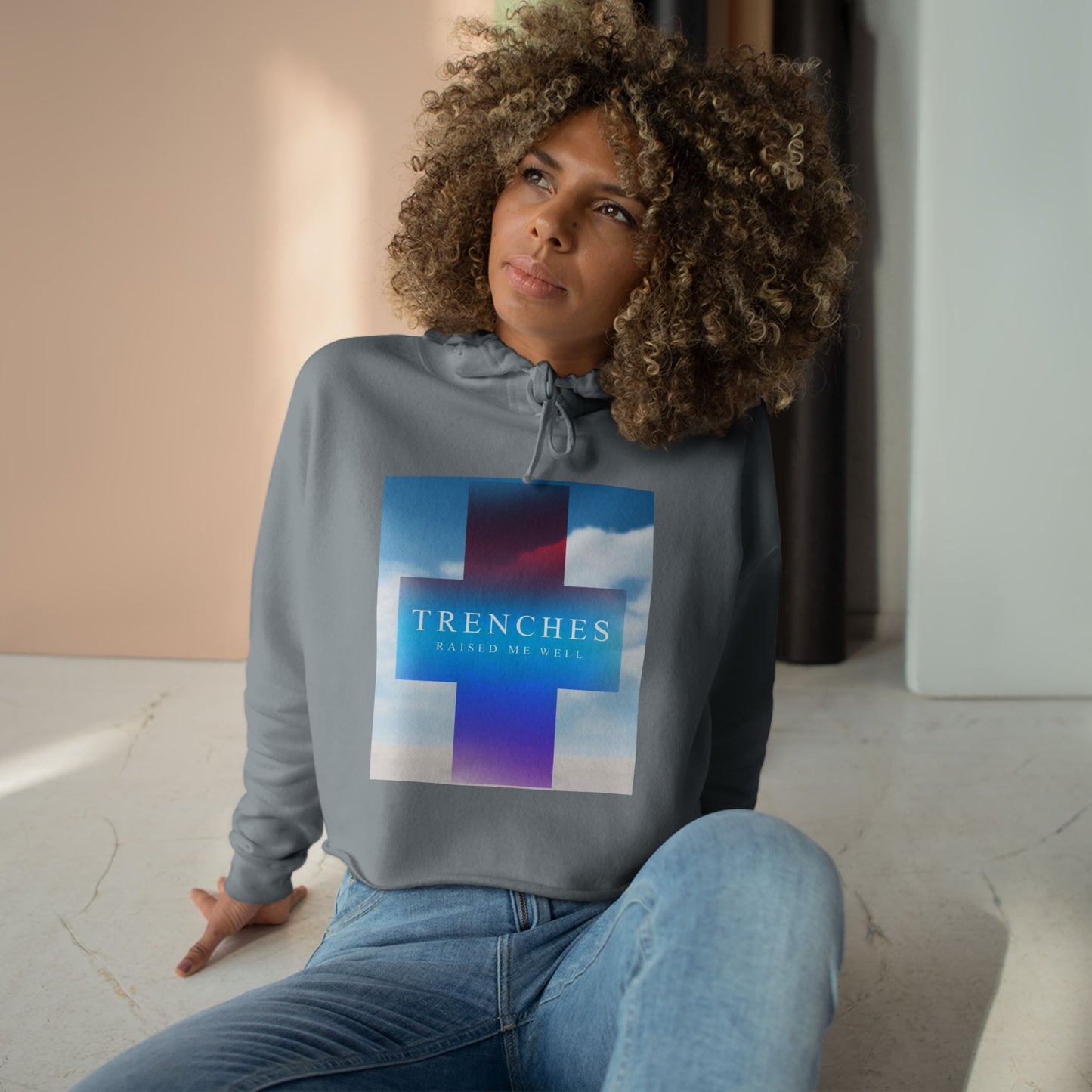 Trenches Cross Album Art Crop Hoodie | Sky Gradient Graphic